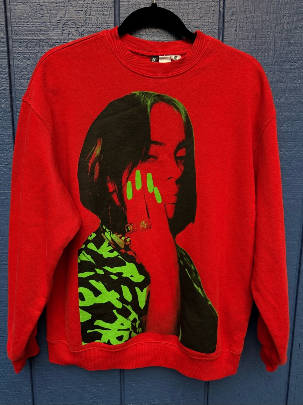 H&M Billie Eilish Red Crewneck Sweatshirt with Neon Green Graphic